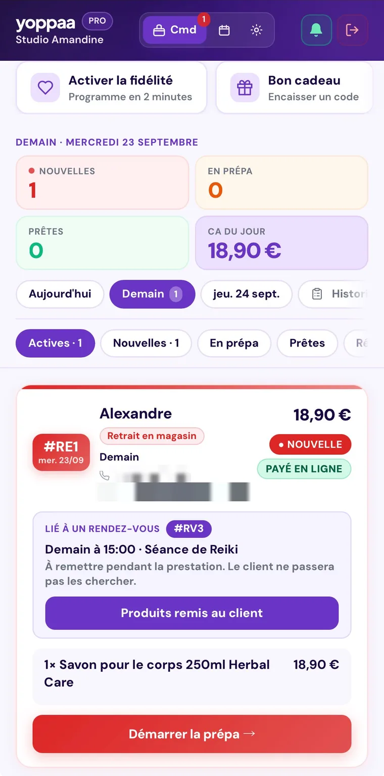 Le tableau de bord d’un commerce de services : les commandes du jour, le chiffre d’affaires, et une commande liée à un rendez-vous à remettre pendant la prestation.