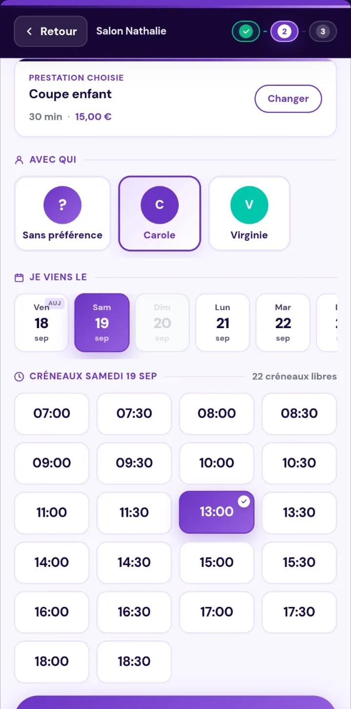 La prise de rendez-vous dans un salon : la prestation choisie, le choix de la personne, le jour, puis les créneaux libres de la journée.