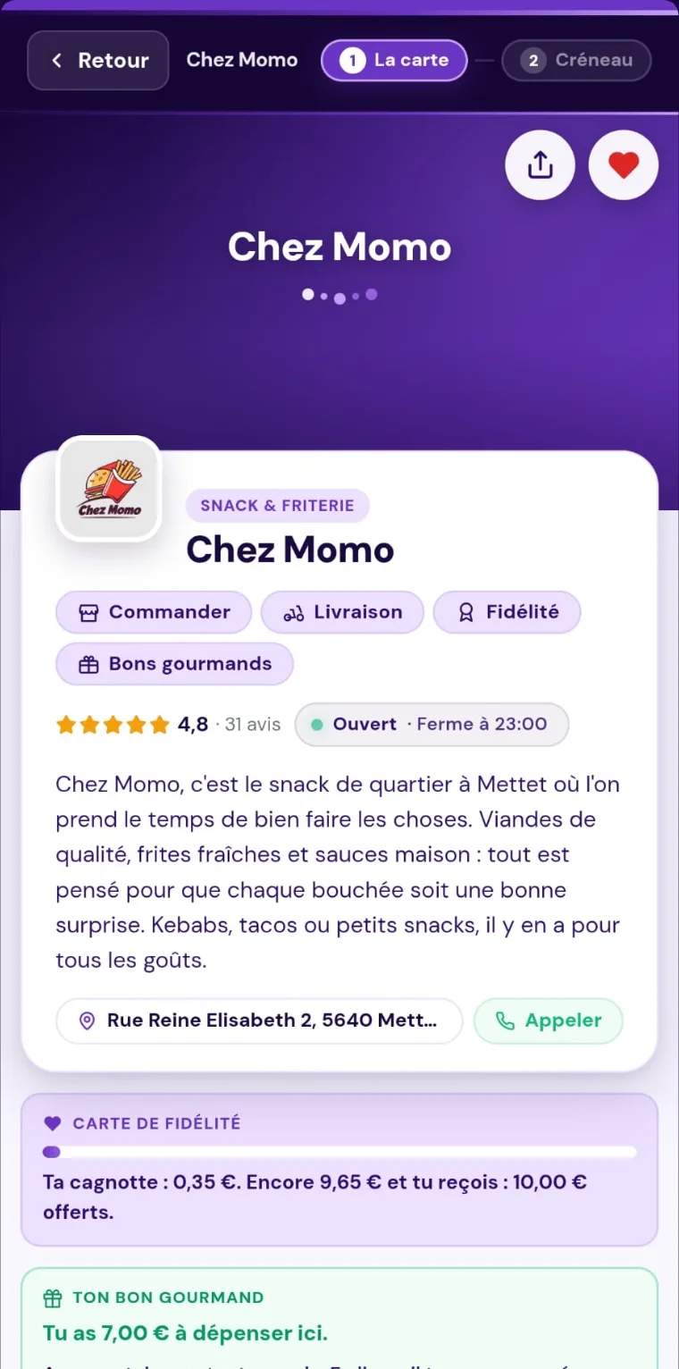 La fiche d’un snack avec la carte de fidélité du client : sa cagnotte en cours, ce qu’il reste à atteindre, et son bon en attente.