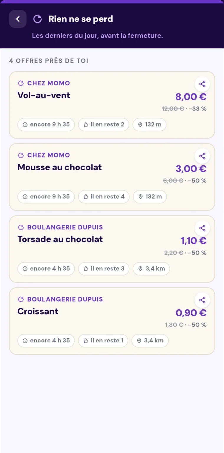 La section « Rien ne se perd » : les invendus du jour près de chez soi, leur prix barré, le temps restant et la distance.