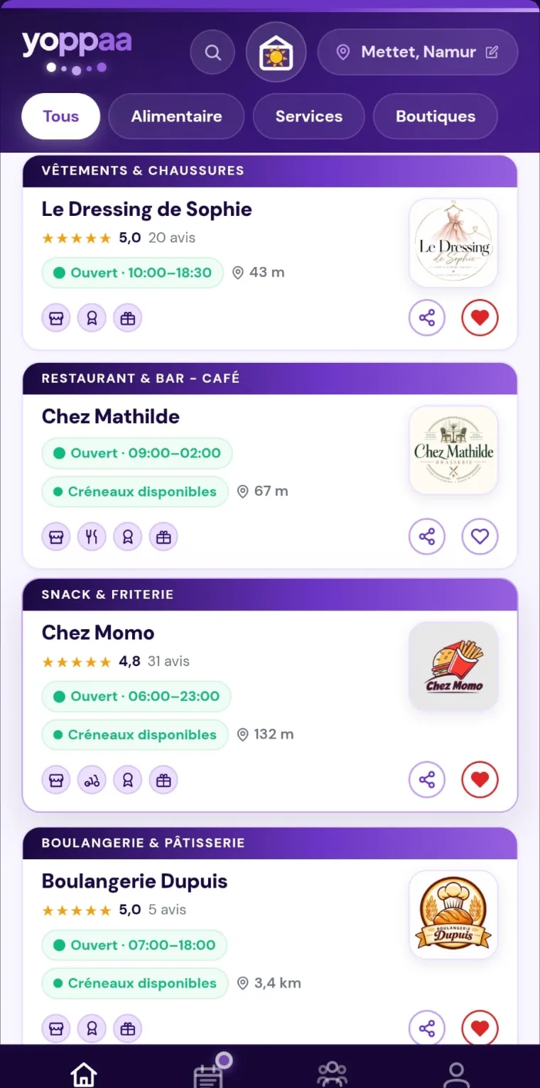 La liste d’accueil de Yoppaa : les commerces proches, leurs horaires, leurs avis et ce que chacun propose.