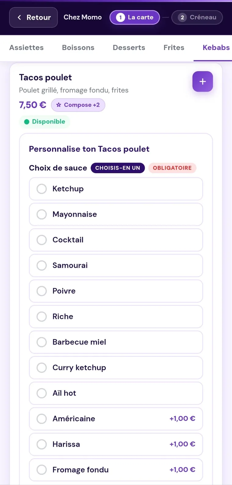 La personnalisation d’un tacos : le choix de sauce marqué obligatoire, une dizaine de sauces, et les suppléments payants.