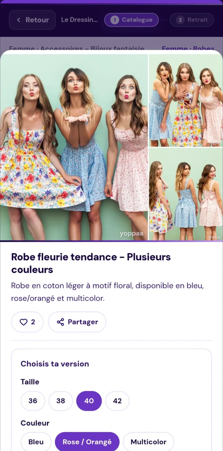 Une fiche produit de boutique : les photos de la robe, puis le choix de la taille et de la couleur.